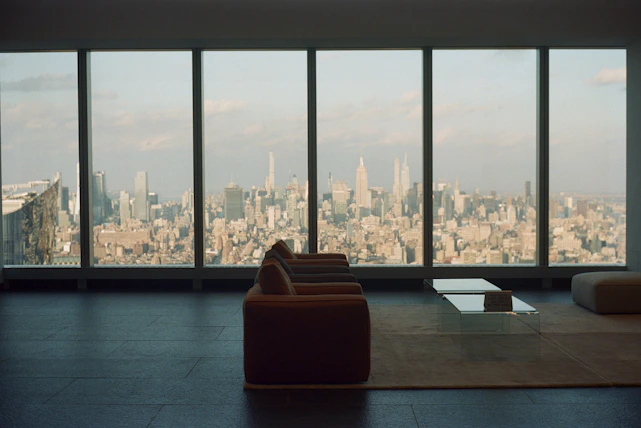 Sunlit modern living room with tropical decor and city skyline view