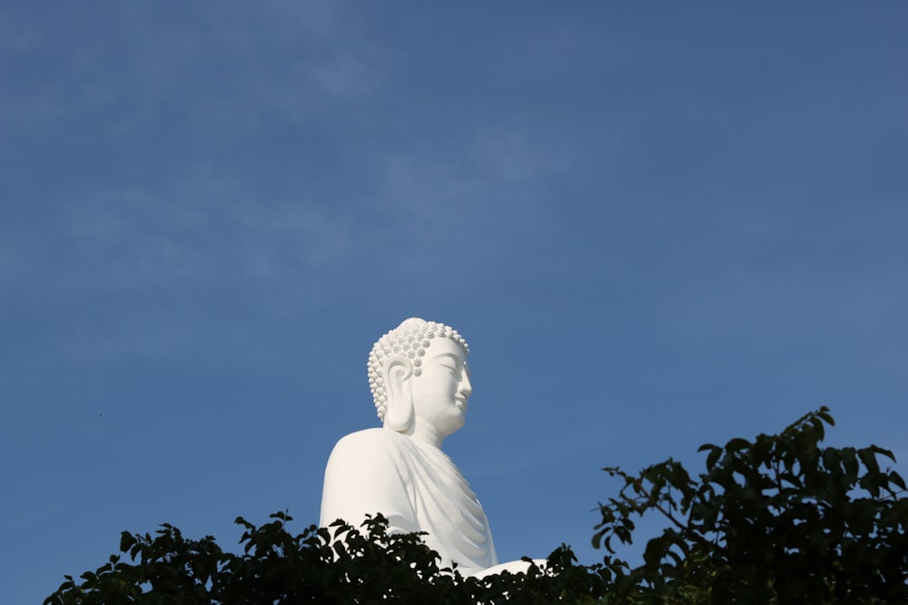 a large white buddha statue sitting in the middle of a forest
