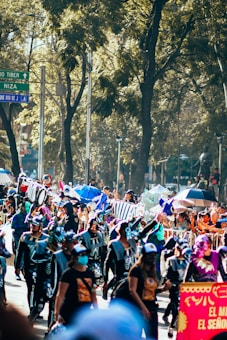 A vibrant parade with people wearing colorful costumes and masks, taking place on a street lined with tall trees. Many participants carry umbrellas, and some wear skeleton-themed outfits. The scene is bustling with spectators, some of whom are taking photos. Signs visible in the background provide a sense of location.