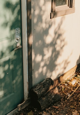 A teal green door with a modern keypad lock is set into a wooden outdoor wall. Dappled sunlight filters through leaves, casting soft shadows on the wall. The ground is covered with autumn leaves and a log is resting near the corner of the wall.