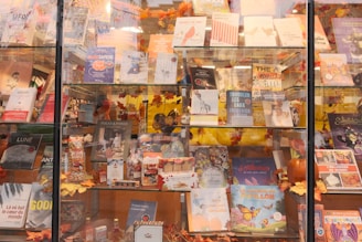 A bookstore display window featuring a variety of books and autumn-themed decorations. The shelves are filled with colorful book covers, including both fictional and non-fictional titles. Autumn leaves and small decorative pumpkins embellish the display, creating a cozy and inviting atmosphere. Some books are propped up while others lie flat, with a mix of vibrant and muted colors.