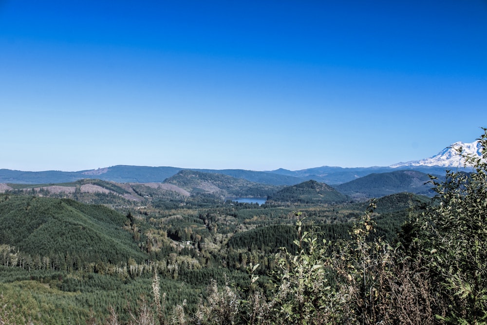 a view of a mountain range with a lake in the distance