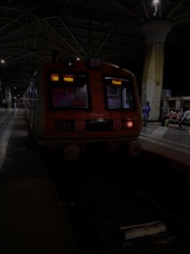 A train stands at a platform in a dimly lit railway station. The digital display on the train reads 'Panvel' and '12S'. A few people are visible on the platform, with one person walking along the train and others sitting or standing. The station's roof is supported by large pillars, and overhead lighting casts a soft glow.