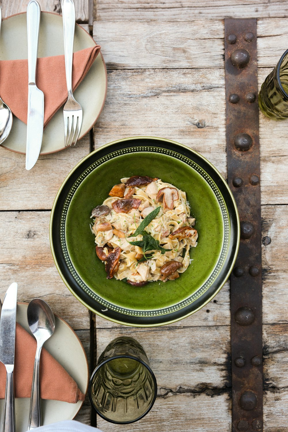 a plate of food on a wooden table