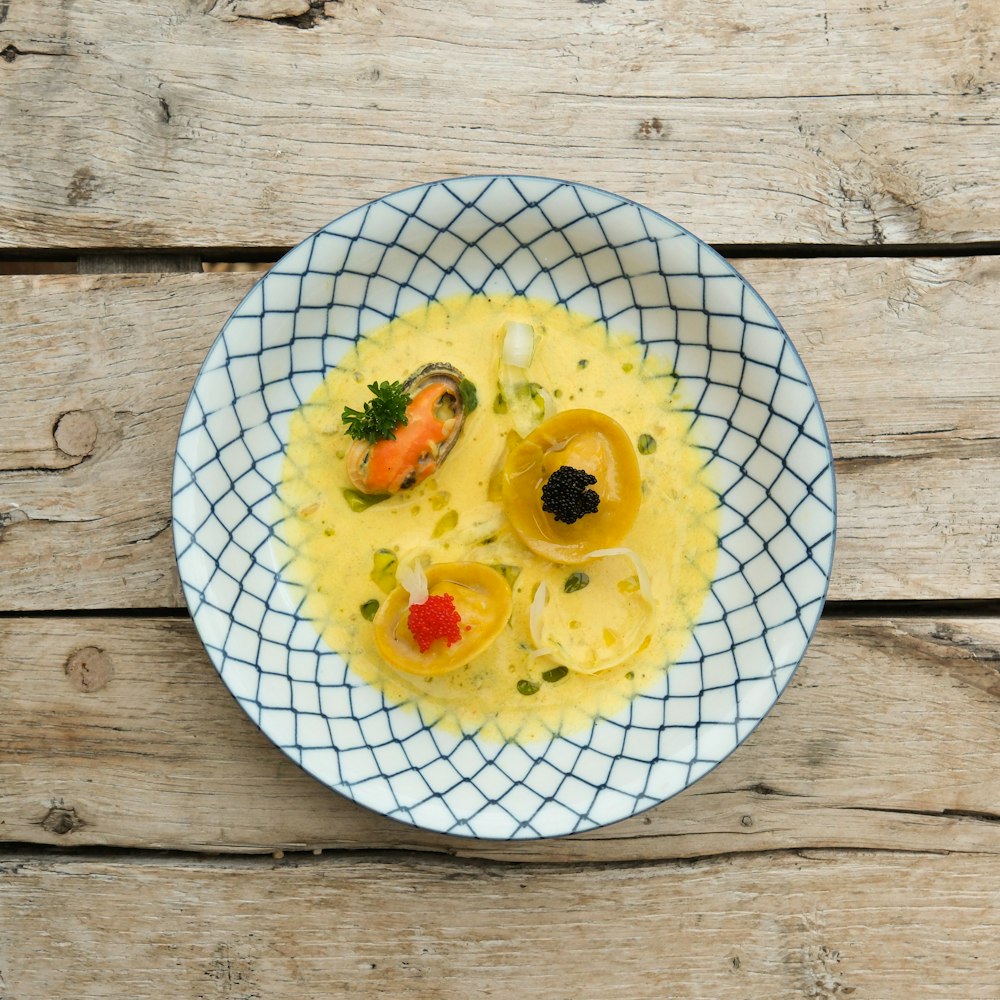 a plate of food on a wooden table