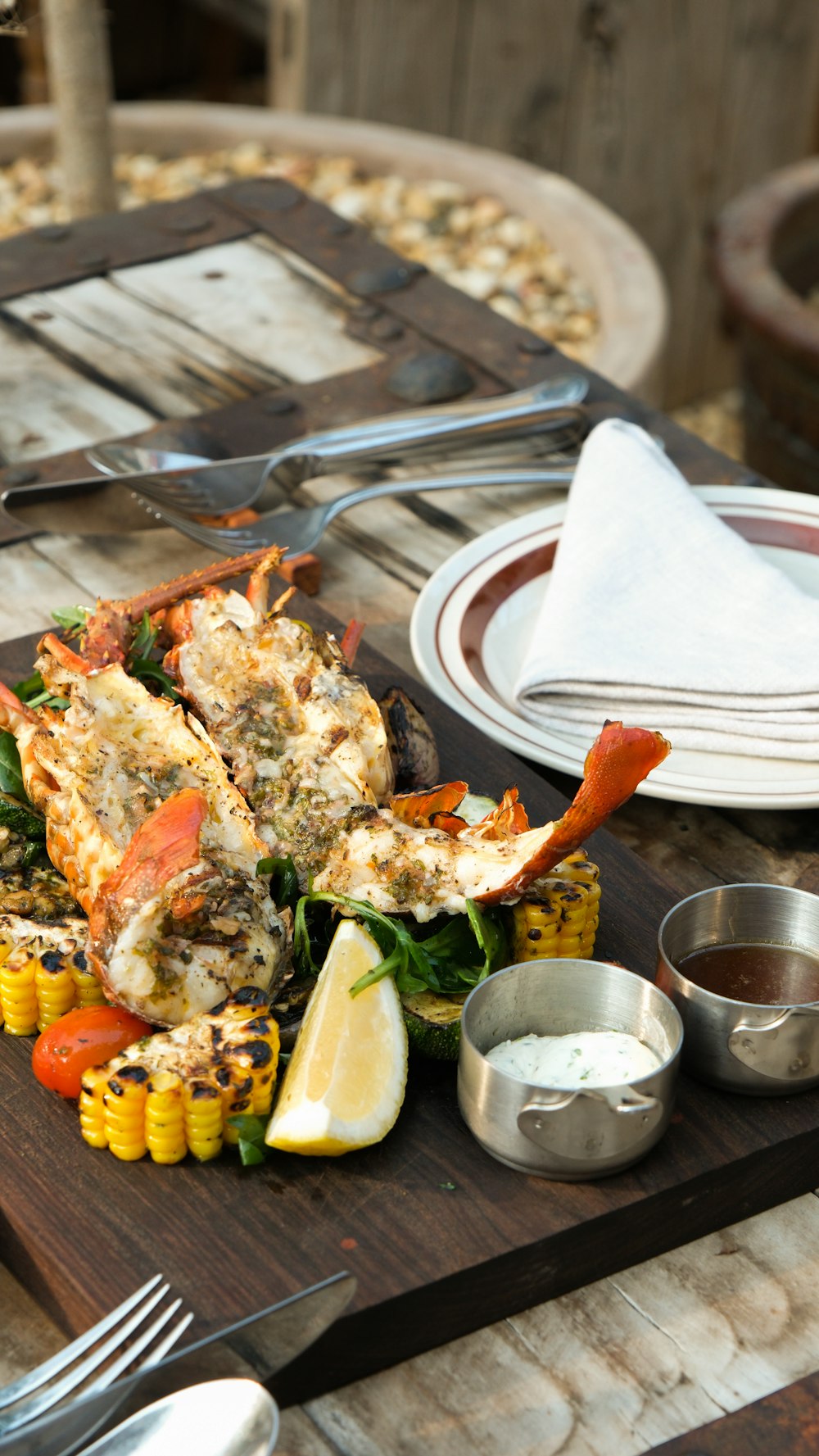 a plate of food on a wooden table