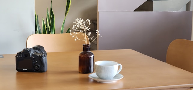 A wooden table in a minimalist setting features a camera, a small brown vase with delicate white flowers, and a cup on a saucer. In the background, there are green potted plants near a neutral-colored wall.
