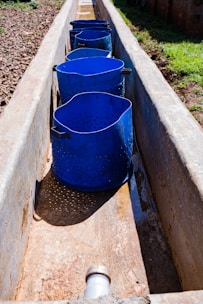 A series of blue perforated buckets placed in a narrow, rectangular concrete channel with sunlight casting shadows. The channel appears to be part of an outdoor setup, possibly for water collection or filtration. The surroundings include some green grass and brown gravel.