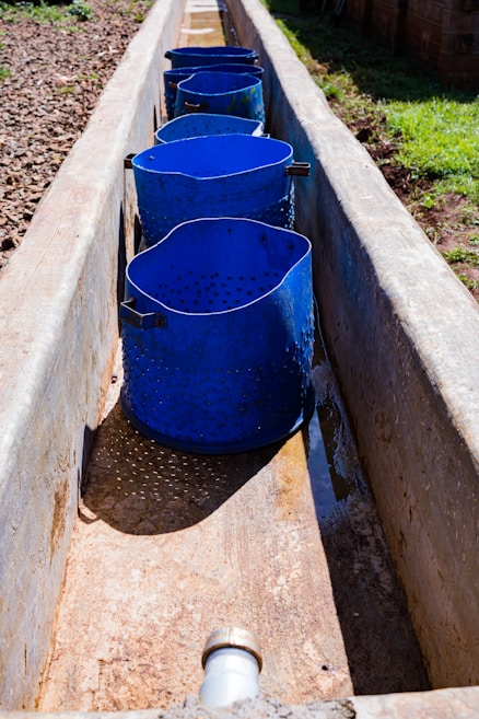 A series of blue perforated buckets placed in a narrow, rectangular concrete channel with sunlight casting shadows. The channel appears to be part of an outdoor setup, possibly for water collection or filtration. The surroundings include some green grass and brown gravel.