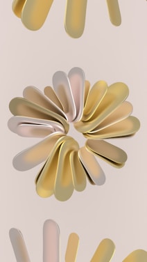 A 3D abstract design featuring a circular arrangement of elongated, metallic petals in shades of gold and silver on a light beige background. The design repeats in a pattern across the image.