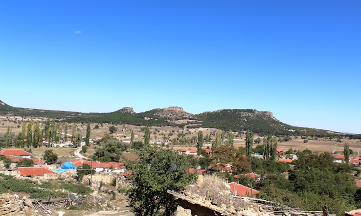 A peaceful Romanian village landscape showing lush communal forests and farmland under a clear sky.