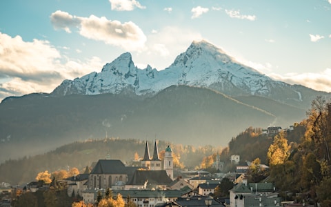 a town with a mountain in the background