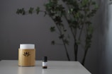 A wooden essential oil diffuser with a lotus design sits on a light-colored table. Next to it, there is a small bottle of essential oil. In the background, a blurred plant with green leaves against a gray wall adds a touch of nature.