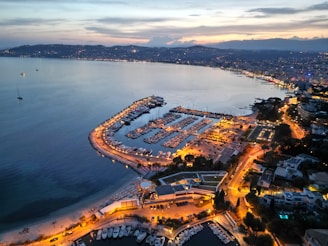 an aerial view of a marina at night
