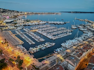 a marina filled with lots of boats at night