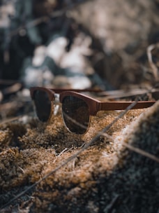 A pair of wooden sunglasses rests on a bed of moss. The background is softly blurred, creating an outdoor, natural setting with dappled light and earthy textures.
