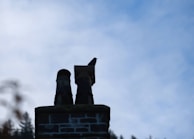 A bird is perched on a chimney against a backdrop of a cloudy sky. The chimney is made of brick, and there is a silhouette of trees visible at the bottom.
