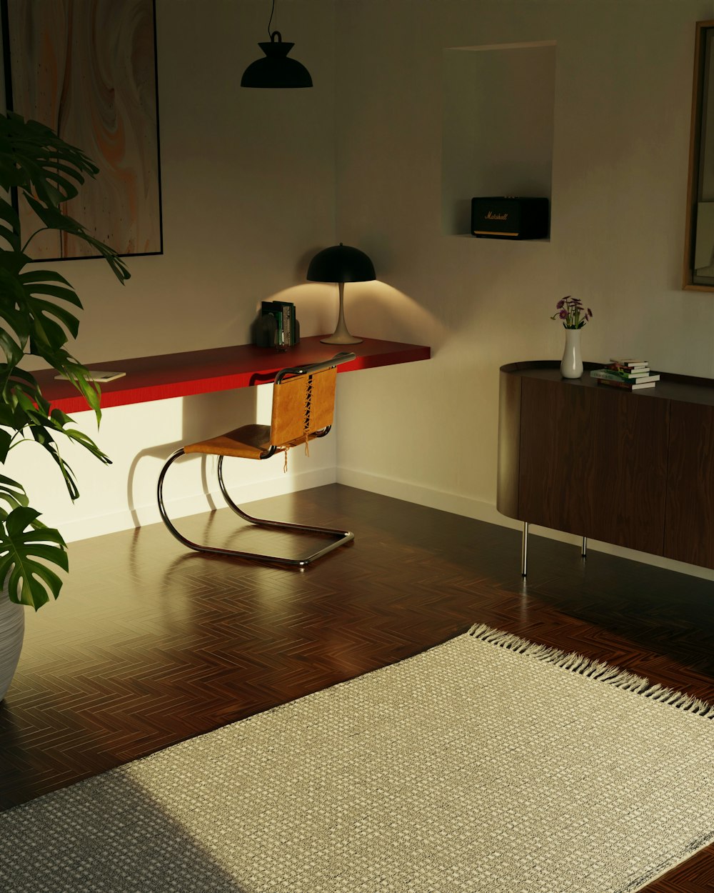 a living room with a rug and a table