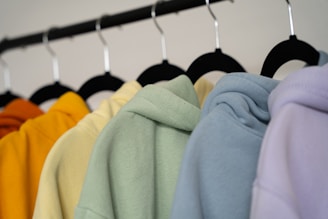 A row of colorful hoodies displayed on black hangers. The hoodies are in shades of orange, yellow, green, blue, and lavender, arranged in a gradient order.