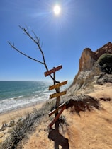 A bright sun shines over a scenic ocean view with clear blue skies. A signpost with multiple direction signs labeled 'Enjoy the Ocean,' 'Surf School,' and 'Adventure' stands beside a rugged coastline. The sandy path leads down to the beach, and small waves can be seen lapping at the shore.