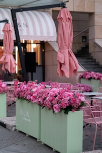A stylish outdoor cafe area is adorned with lush arrangements of pink flowers in pastel green planters. Closed pink umbrellas stand amid the tables and chairs, while a striped awning reading 'EL&N London' adds a fashionable touch in the background. The setting appears urban with steps leading up to a building.