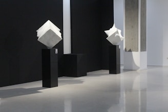 Minimalist grayscale image of a 3D printed sculpture displayed on a sleek black pedestal.