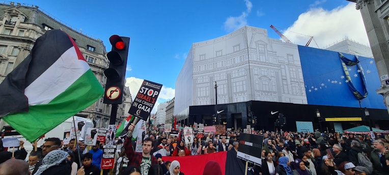 A large crowd gathers in a city street, holding signs and flags during a protest. The protestors appear passionate, with banners addressing political issues. The backdrop features urban architecture, a traffic light, and clear blue skies.