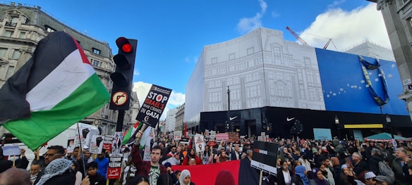 A large crowd gathers in a city street, holding signs and flags during a protest. The protestors appear passionate, with banners addressing political issues. The backdrop features urban architecture, a traffic light, and clear blue skies.