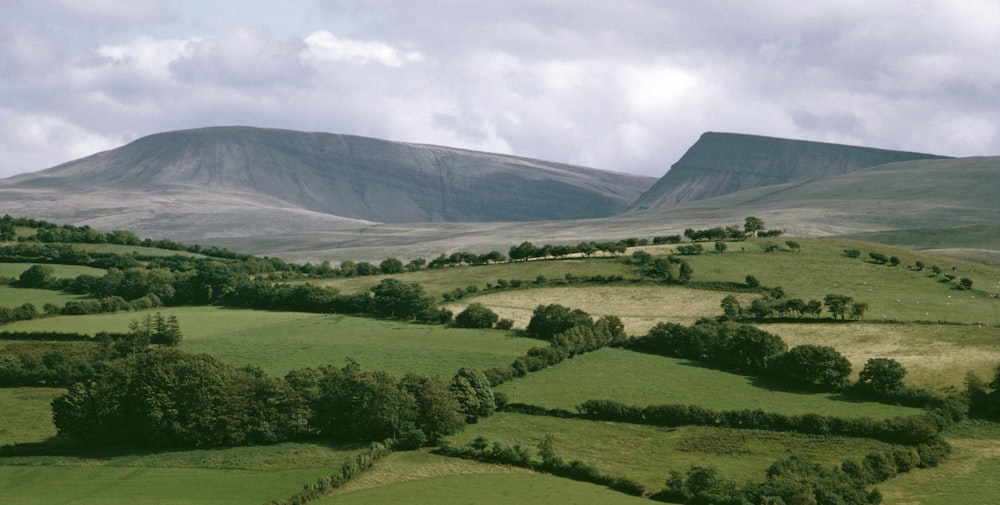 a lush green valley surrounded by mountains under a cloudy sky