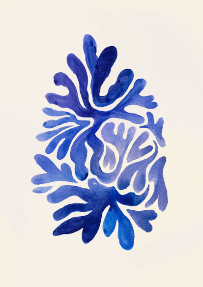 a watercolor painting of blue corals on a white background