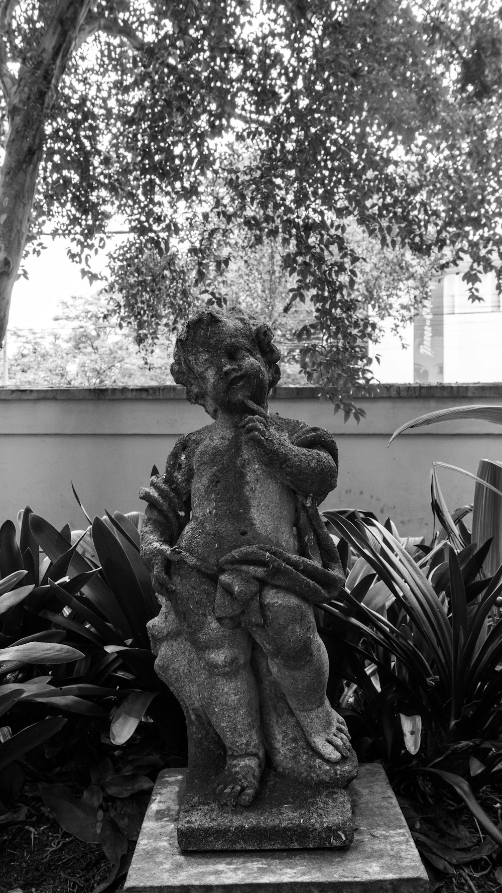 a black and white photo of a statue in a garden