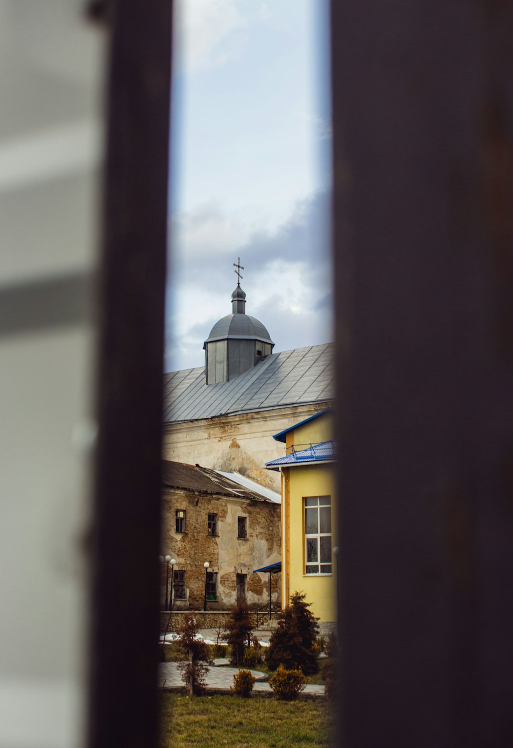 a view of a building through a window