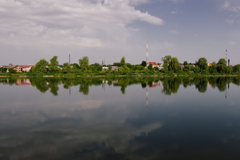 a large body of water surrounded by trees