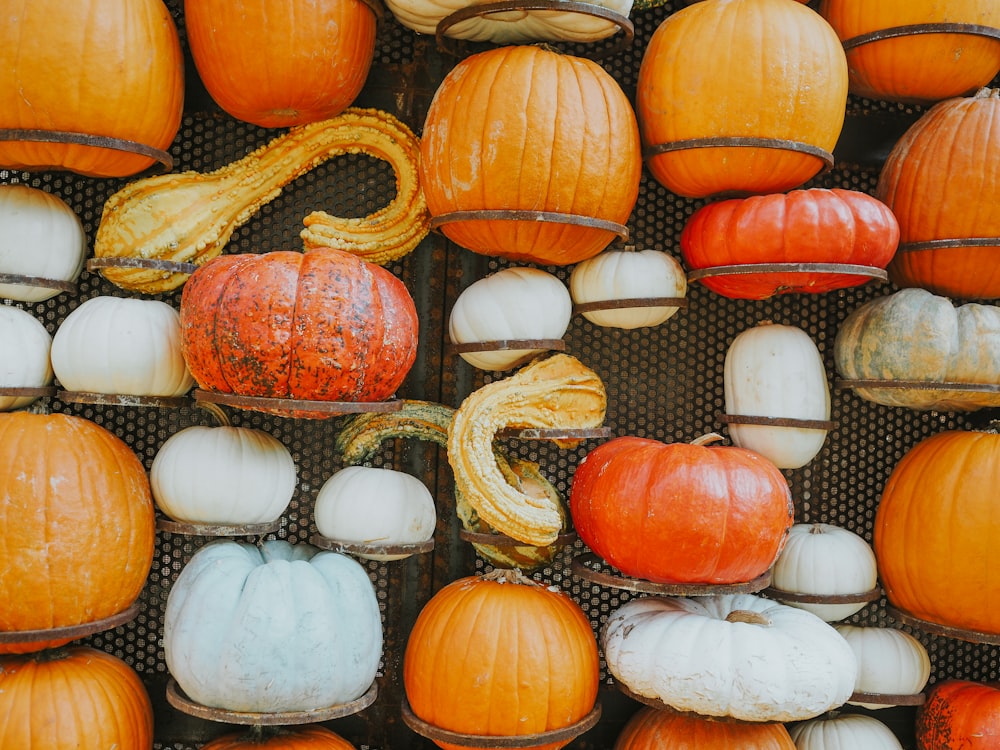 a bunch of pumpkins sitting on top of a grate