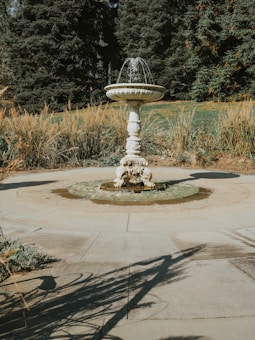 A classic stone fountain stands at the center of a circular paved area, surrounded by tall ornamental grasses. Water arcs gently from the fountain