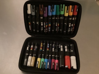 A black zippered case containing multiple colored markers organized in two rows. The markers have caps in various colors including white, blue, green, red, brown, yellow, and more.