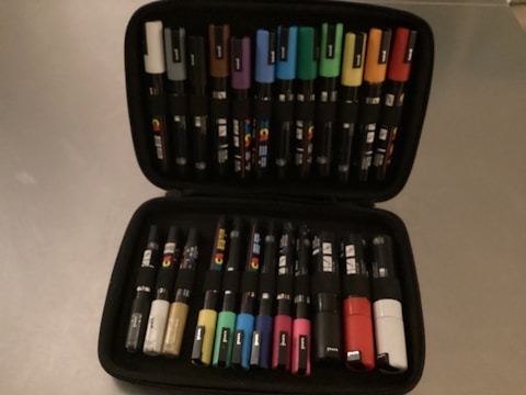 A black zippered case containing multiple colored markers organized in two rows. The markers have caps in various colors including white, blue, green, red, brown, yellow, and more.