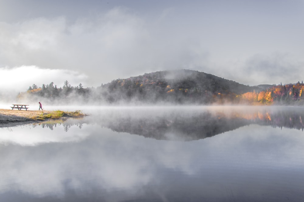 a foggy lake with a bench in the foreground