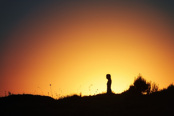 A serene scene of a person quietly watching a sunset from a peaceful hilltop.