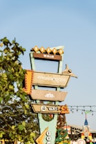 A tall signpost with multiple rectangular signs pointing in different directions, indicating locations such as 'Boardwalk,' 'Motiongate Dubai,' and 'Neon Galaxy Indoor Entertainment.' The signpost is surrounded by foliage, with a clear blue sky in the background.