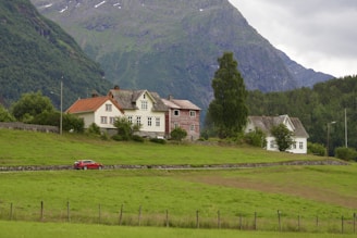 A picturesque rural scene featuring three charming houses nestled in a lush green landscape. The houses, varying in architectural styles, are surrounded by vibrant trees and grass. In the foreground, a red car is parked on a quiet road, adding a pop of color to the serene environment. Looming in the background are impressive, forested mountains shrouded in a misty atmosphere.
