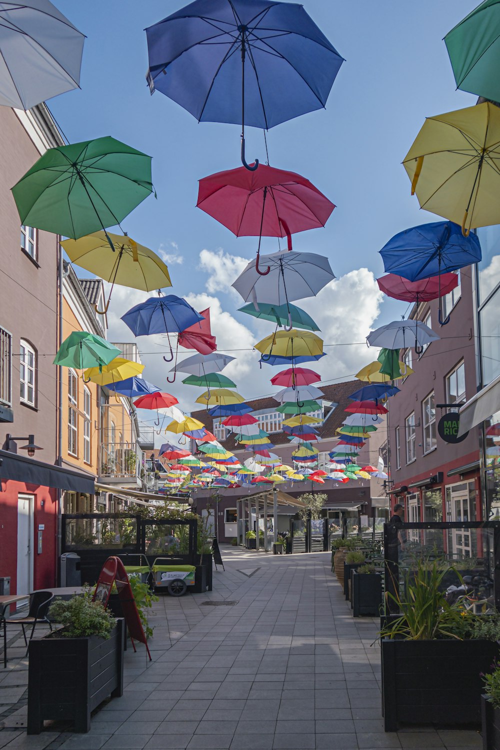 un tas de parapluies qui pendent en l’air