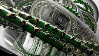 Complex intertwining structures with a glossy, metallic appearance. The image displays intricate patterns of tubes and spirals, predominantly in green and silver hues, creating a futuristic and mechanical aesthetic.