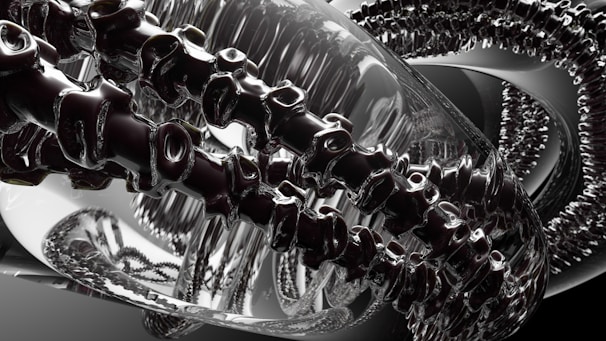 A 3D scene with metallic surfaces reflecting digital data streams.