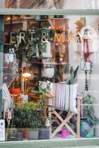 A display window of a store named Bert & Mays showcases an assortment of plants, decorative pillows, and other home decor items. Several potted plants are visible, arranged on shelves and hanging from the ceiling. The scene is enhanced with a lamp providing a warm light. The decor includes striped and patterned pillows placed on wooden chairs.