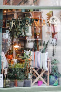 A display window of a store named Bert & Mays showcases an assortment of plants, decorative pillows, and other home decor items. Several potted plants are visible, arranged on shelves and hanging from the ceiling. The scene is enhanced with a lamp providing a warm light. The decor includes striped and patterned pillows placed on wooden chairs.