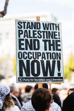 A cardboard sign with bold black text reading 'STAND WITH PALESTINE! END THE OCCUPATION NOW!' is held up by a person in a crowded outdoor setting. There are several people in the background, some wearing patterned headscarves.