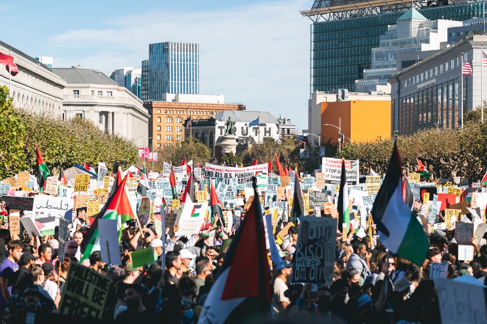 a large group of people holding flags and signs