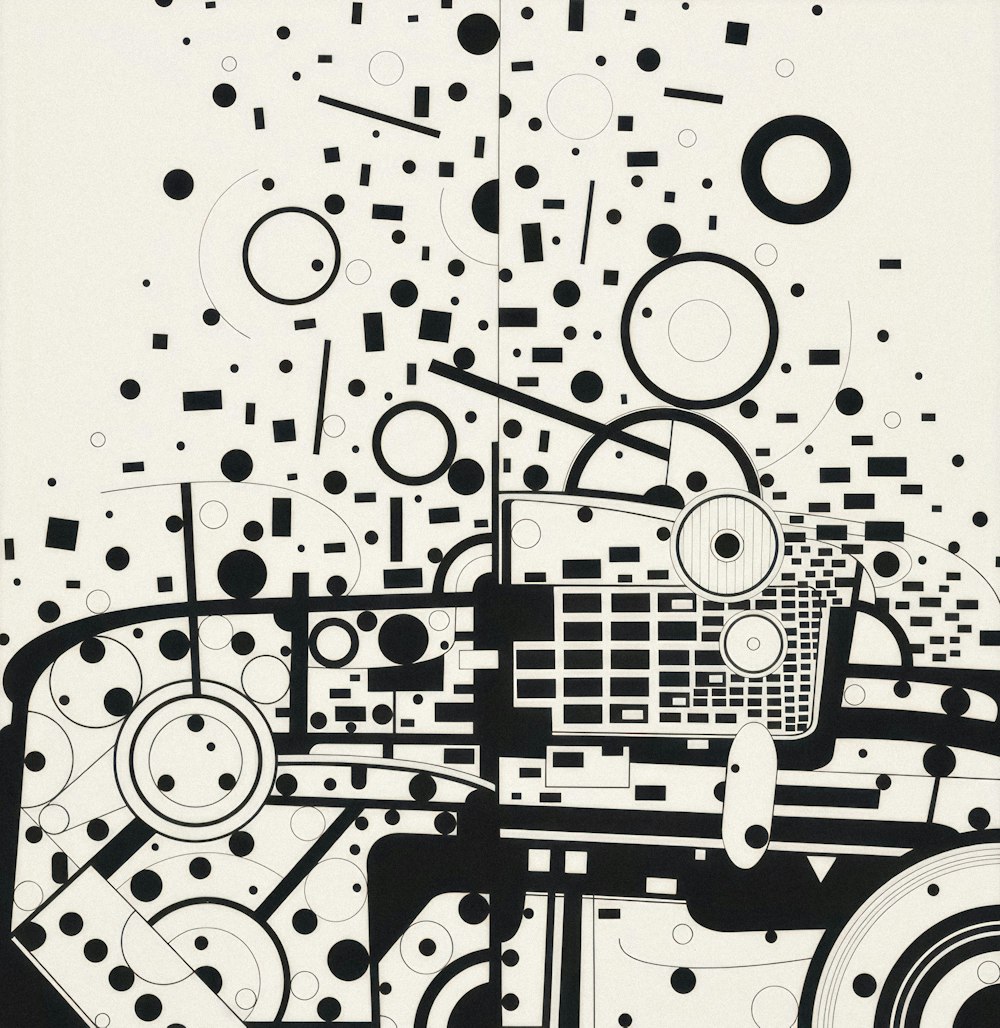 a black and white painting with circles and lines