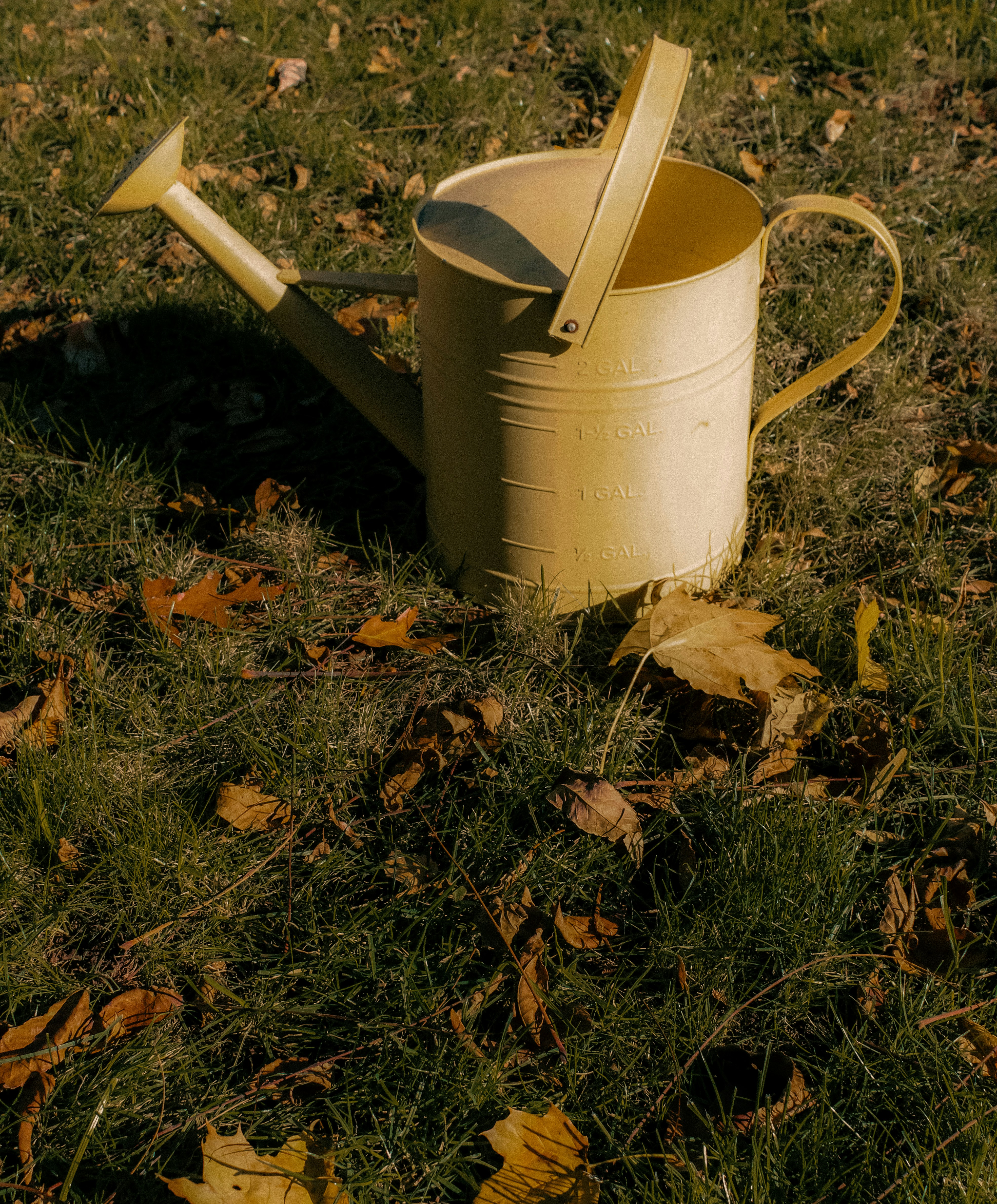 a yellow watering can sitting in the grass